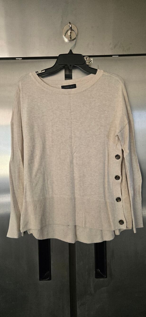 Tahari Women's Oatmeal High Low Button Side Top Size L